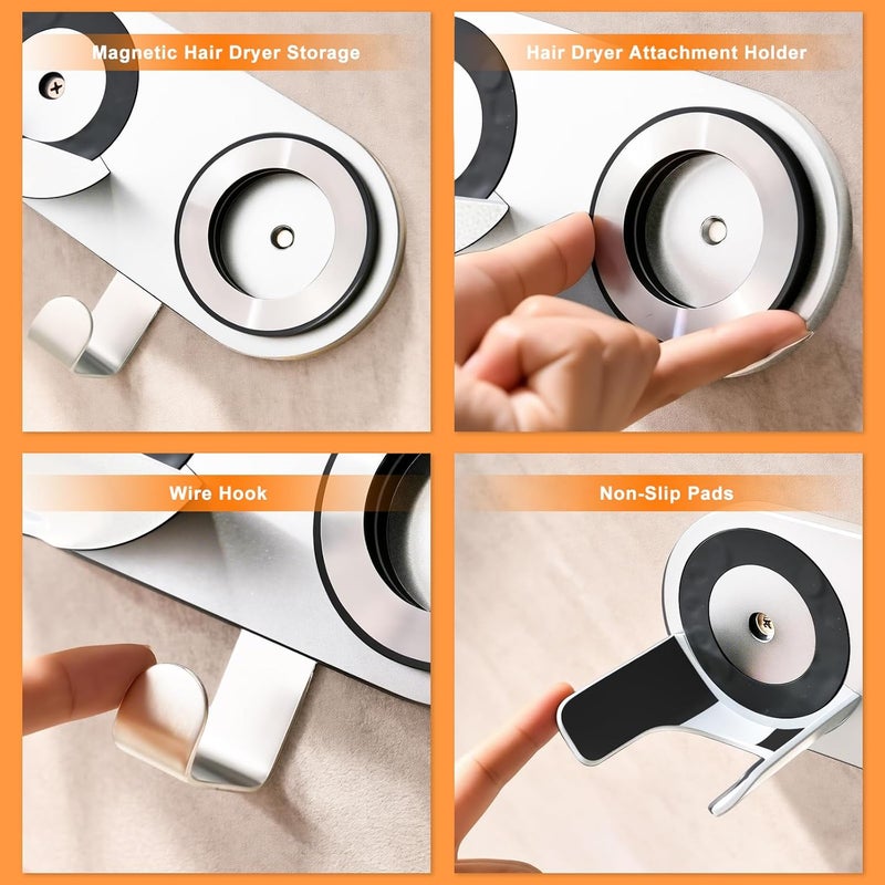 SEICHYGO Hair Dryer Holder Wall Mount Compatible with Dyson & Laifen (NOT for SE LITE), Adhesive Holder for All Magnetic High Speed Blow Dryer with Plug Cord Organizer Hook, (Aluminum Alloy, White) - Image 2